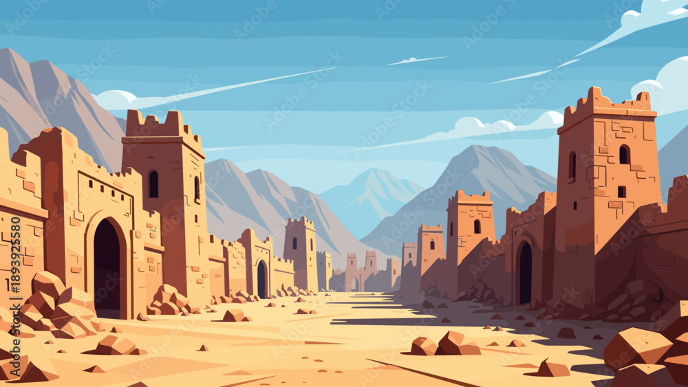 Obraz premium Ancient desert castle landscape with mountains and blue sky