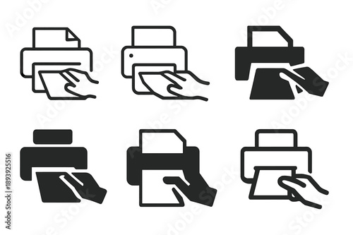 Printer Jam Icons. Fixing printer paper jam. Icon set. Set Logo of Fixing printer paper jam: print button icon. harmonious logo variations of the