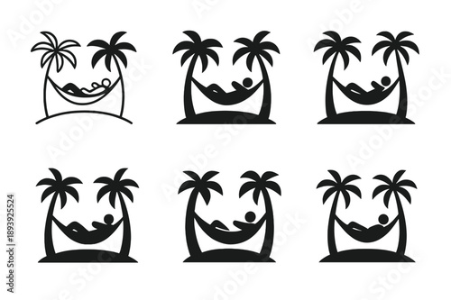 Tropical Hammock Icons. A traveler relaxing in a hammock between two palm trees, on a tropical island. Icon set. Set Logo of A traveler relaxing in a hammock