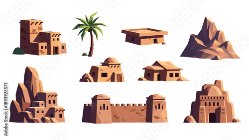 Ancient desert structures and landscapes in vibrant cartoon style