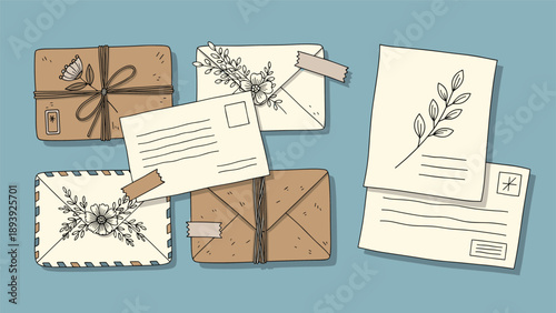 Collection of hand-drawn vintage letters, envelopes, and postcards decorated with flowers and sketches on a blue background.
