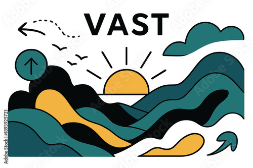 Vast Abstract Landscape. Abstract Landscapes. Rolling shapes collide and drift like clouds over a horizon line; the word ?VAST? floats in thin sans above sun