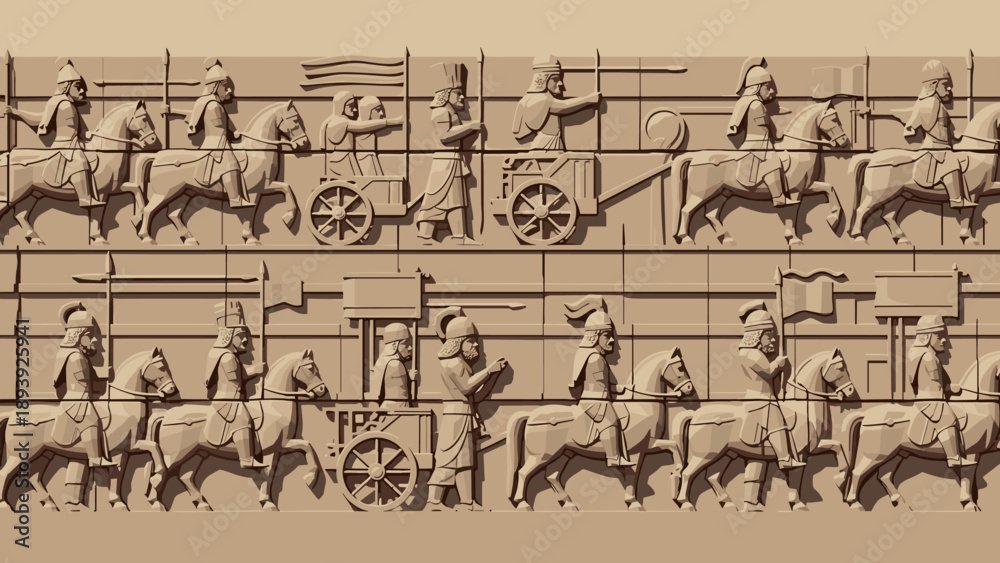 Obraz premium Ancient relief of assyrian warriors in procession on horses and chariots