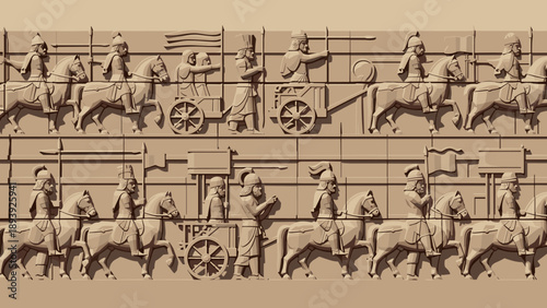 Ancient relief of assyrian warriors in procession on horses and chariots