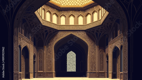 Intricate middle eastern architecture featuring geometric patterns and arched windows