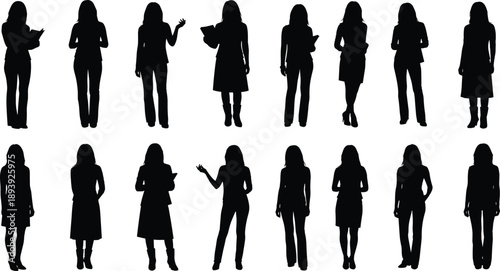 Professional standing silhouette vector set, black white business pose clipart, office attire illustration, corporate gesture design bundle