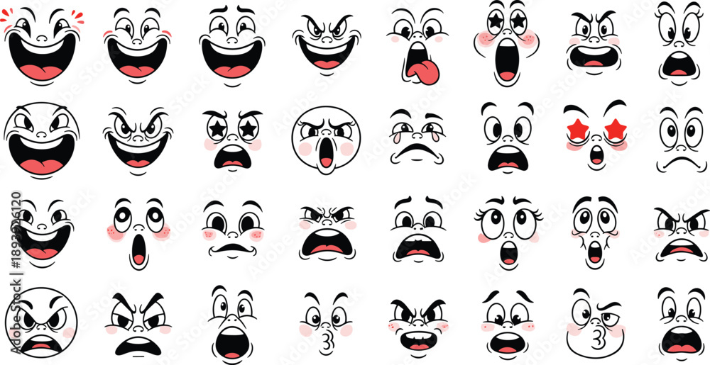 Obraz premium Cartoon facial expression icons, emotional character faces, anime style blush cheeks, vector emoji set