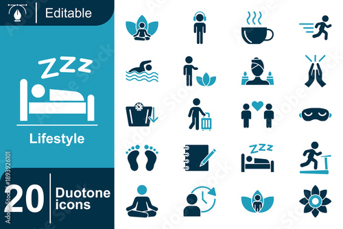 Collection of 20 duotone icons representing healthy lifestyle, wellness, self-care, and relaxation activities for diverse use