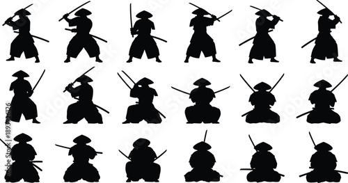 Samurai warrior silhouette vector set, black white sword pose clipart, traditional combat stance illustration, Japanese martial design