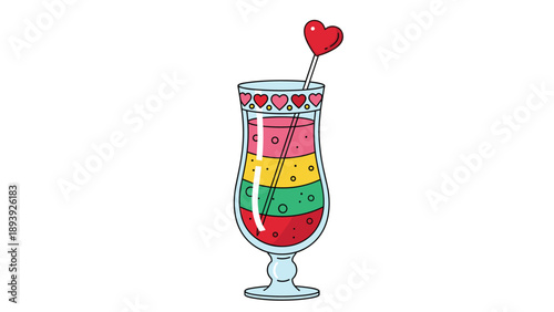 Tall glass containing a vibrant four layered cocktail with red, green, yellow, and dark red colors, garnished with a heart shaped stirrer.