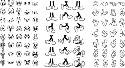 Retro cartoon character body parts set, vintage comic eyes hands and legs vector illustration, black white animation elements,