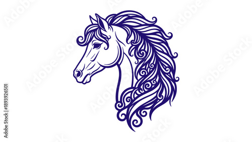 Elegant stylized horse head with intricate patterns and a flowing mane, rendered in blue, on an isolated white background, conveying a sense of fantasy.
