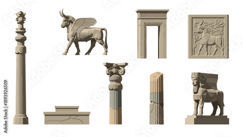 Ancient mesopotamian architecture artifacts: columns, statues, and reliefs