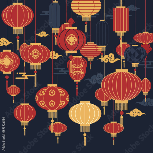 Vibrant lanterns suspended in mid-air, celebrating a festive cultural event with intricate designs and patterns, viewed from a front perspective