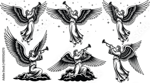 WebSet of black and white hand-drawn vector angel illustrations featuring celestial winged figures blowing trumpets while flying or kneeling on clouds in starry sky.