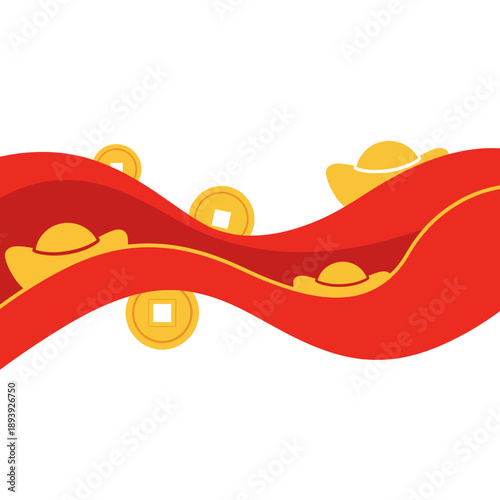 Red ribbon waving with gold coins scattered on it, symbolizing prosperity and wealth in a festive illustration