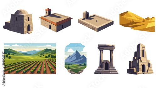 Ancient architecture and scenic landscapes in flat design