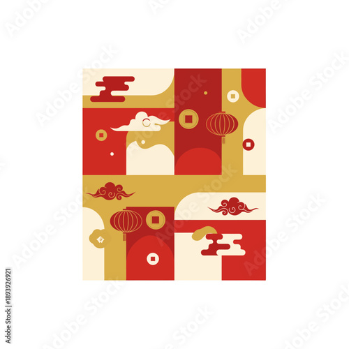 An artistic illustration featuring clouds, mountains, and lanterns in a stylized Chinese landscape from a frontal viewpoint