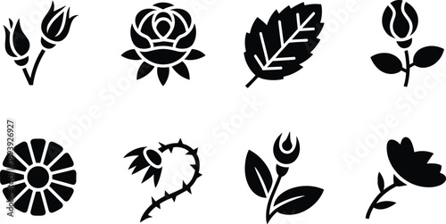 Floral silhouette icon set, black rose buds leaves and flowers, minimalist botanical symbols, modern vector illustration