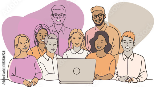 Diverse group of colleagues or students smile while looking at a laptop together during a virtual meeting. isolated on transparent background, Vector