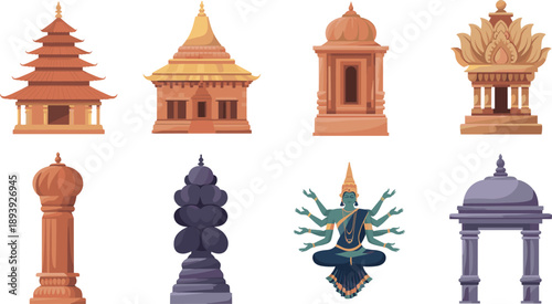 Indian architecture and cultural elements vector set, temples pillars deity peacock motifs, traditional heritage illustration collection design isolated white background