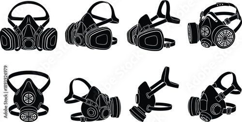 WebSet of black industrial gas mask icons and respirator silhouettes featuring various angles and filter styles isolated on a white background for safety.
