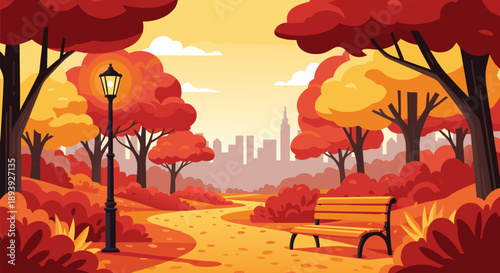 Scenic autumn park vector illustration showcasing a vibrant fall landscape with a winding path, cozy bench, and distant cityscape under a golden sky, ideal for scalable digital designs