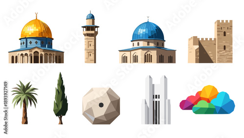 Iconic landmarks and nature elements in vibrant geometric style