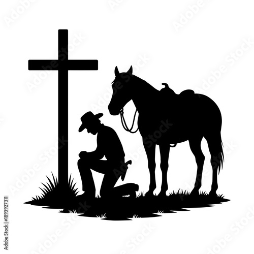 Cowboy Praying at Cross With Horse Silhouette, Black and White Faith Scene of Western Spirituality and Reflection