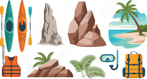 Outdoor adventure vector illustration set, kayaking equipment, tropical beach elements, rock formations, palm trees, snorkeling gear, travel icons isolated