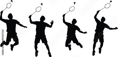 Black silhouette vector illustration set featuring male badminton players jumping and smashing shuttlecocks for sports competition athletic training and active lifestyle branding design