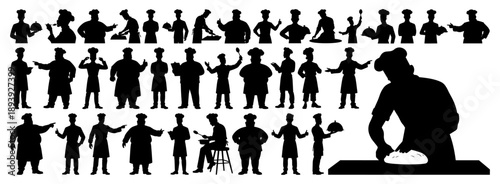 Professional Male Chef Silhouettes Large Collection in Various Cooking and Service Poses Transparent Background