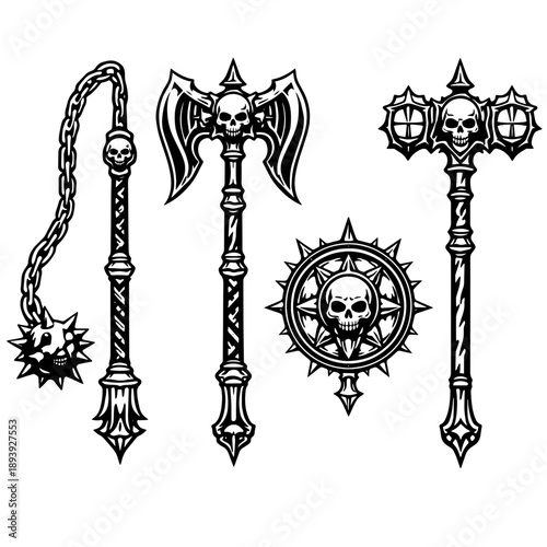 Dark Fantasy Gothic Weapons Set With Skull Maces and Spiked Flail, Black and White Medieval Weapon Icons for Games, Tattoos and Prints