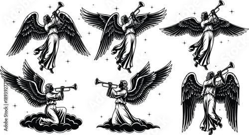 WebVector illustration of angels with detailed wings playing trumpets, celestial spiritual artwork concept for religion, faith, divine symbolism, heavenly themes and inspirational design projects