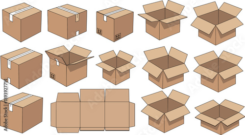 Cardboard box vector illustration set, isometric shipping carton icons, open and closed brown delivery packages, cardboard box template and mockup, isolated packaging elements.