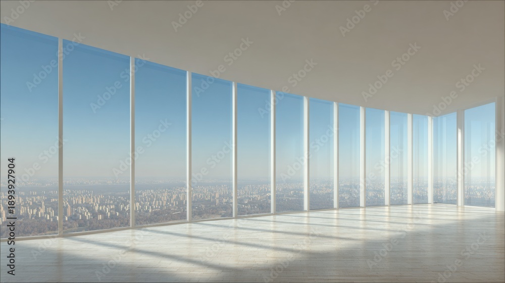 Obraz premium Modern interior with large windows showcasing a city view.