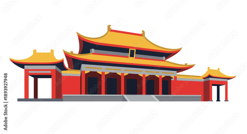 Fototapeta premium Ancient Temple Complex with Traditional Architecture and Multiple Roofs seen from a Straight-On Viewpoint