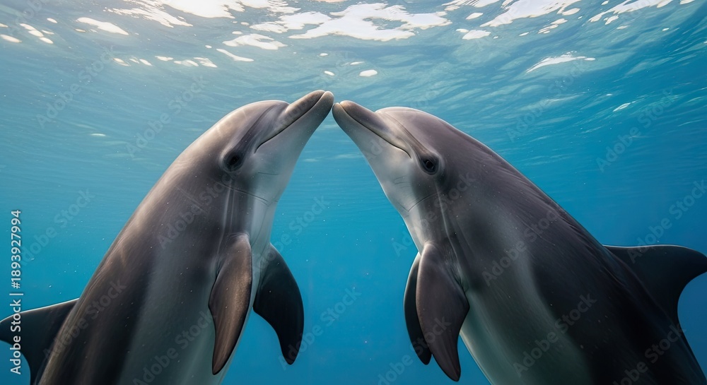 Naklejka premium Two dolphins touching noses underwater in a serene ocean environment