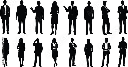 WebVector illustration of business professionals in corporate attire, diverse male and female silhouettes standing in multiple poses, workplace concept for office, leadership, teamwork and corporate