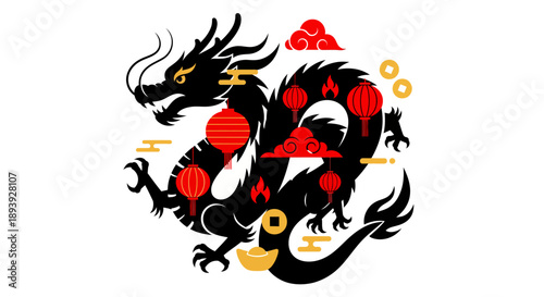A majestic dragon illustration surrounded by symbolic elements, viewed from a dynamic angle, set against a clean white background.