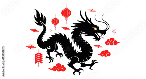 A majestic black dragon surrounded by red lanterns and ornaments in a festive environment viewed from the front