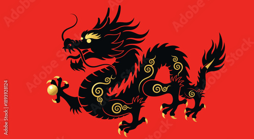 A majestic dragon illustration with golden accents on a red background depicted in a dynamic pose