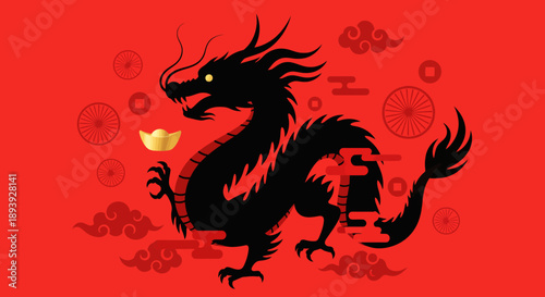 A majestic dragon silhouette illustration on vibrant red background with symbolic elements and traditional motifs from a cultural celebration viewed directly.