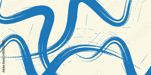 Grunge grainy blue brush stroke with spray texture. Hand drawn distress damaged vintage banner with zigzag bold line. Rough thick brush stroke texture. Spray paint effect vector background.