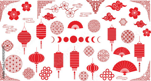 Chinese New Year vector element set, red Lunar festival icons with lanterns, cherry blossoms, clouds, and oriental patterns, Asian culture celebration graphic design.