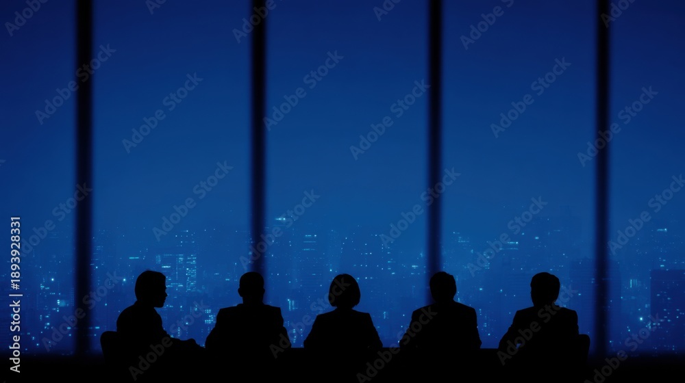 custom made wallpaper toronto digitalSilhouettes of people in a meeting against a city skyline at dusk.