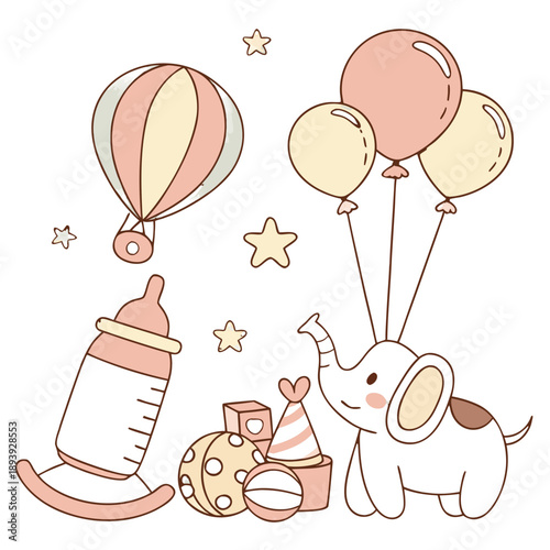 Baby shower illustration bundle with adorable toys and playful elements