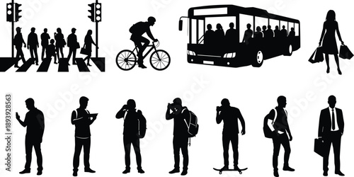 Urban lifestyle silhouette vector set, black white mobility and activity clipart, city commuting illustration, daily routine design bundle