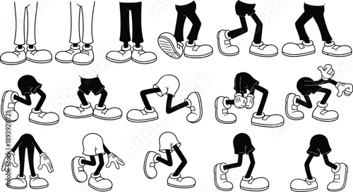 Vintage rubber hose cartoon legs set, retro 1930s mascot walking and running poses, hand drawn doodle character limbs, vector isolated graphic design elements.