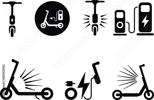 Electric scooter charging icons set for urban mobility and clean energy